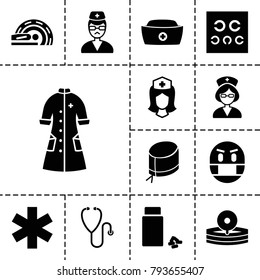 Doctor icons. set of 13 editable filled doctor icons such as medical sign, medicine, nurse, nurse hat, doctor, eye test, nurse gown, mri, medical reflector, emoji in mask