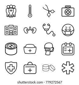 Doctor icons. set of 16 editable outline doctor icons such as emoji in mask, first aid, kidney, medical sign, medical mask, nurse hat, first aid kit, stethoscope