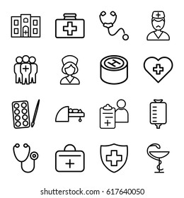 Doctor icons set. set of 16 doctor outline icons such as paints, first aid kit, stethoscope, drop counter, medical sign, MRI, medical group, nurse, medicine, hospital building