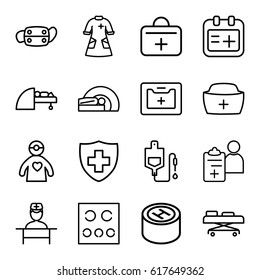 Doctor icons set. set of 16 doctor outline icons such as drop counter, medical sign, medical kit, nurse hat, eye test, nurse gown, MRI, first aid kit, hospital stretch