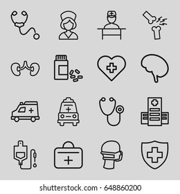 Doctor icons set. set of 16 doctor outline icons such as hospital, stethoscope, drop counter, kidney, medical sign, medical mask, medicine, ambulance, doctor, first aid kit