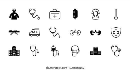 Doctor icons. set of 18 editable filled and outline doctor icons: kidney, stethoscope, hospital building, hospital stretch, doctor with medical reflector, medical sign