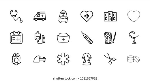 Doctor icons. set of 18 editable outline doctor icons: paints, heart with cross, drop counter, medical sign, nurse, nurse hat, medical scissors, ambulance, nurse gown, mri