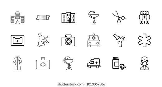 Doctor icons. set of 18 editable outline doctor icons: first aid, medical sign, medicine, medical kit, ambulance, nurse, hospital building, broken leg or arm, first aid kit