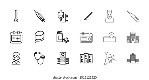 Doctor icons. set of 18 editable outline doctor icons: hospital, stethoscope, drop counter, scalpel, medicine, nurse hat, nurse, medical appointment, hospital building