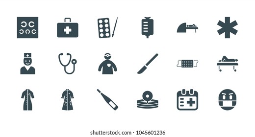 Doctor icons. set of 18 editable filled doctor icons: paints, stethoscope, drop counter, medical sign, eye test, nurse gown, mri, medical appointment, emoji in mask