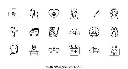 Doctor icons. set of 18 editable outline doctor icons: paints, emoji in mask, heart with cross, drop counter, scalpel, kidney, nurse, nurse hat, ambulance, nurse gown, doctor