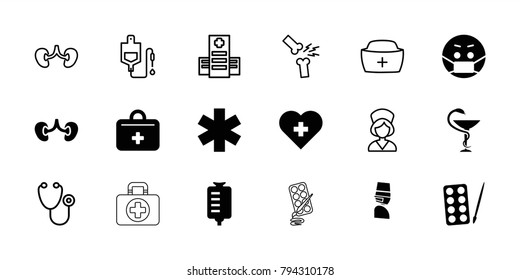 Doctor icons. set of 18 editable filled and outline doctor icons: paints, emoji in mask, heart with cross, drop counter, kidney, first aid kit, medicine, hospital, stethoscope