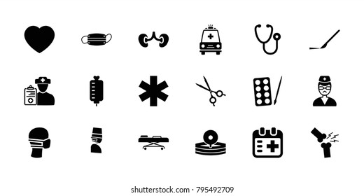 Doctor icons. set of 18 editable filled doctor icons: paints, stethoscope, scalpel, kidney, medical sign, medical mask, ambulance, hospital stretch, broken leg or arm