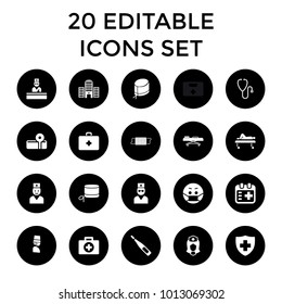 Doctor icons. set of 20 editable filled doctor icons such as emoji in mask, first aid, medical sign, nurse, nurse hat. best quality doctor elements in trendy style.