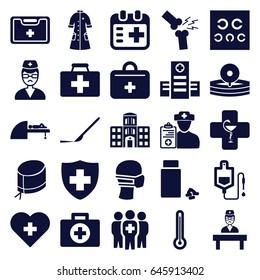 Doctor icons set. set of 25 doctor filled icons such as first aid kit, hospital, drop counter, scalpel, medical sign, medical mask, medicine, nurse hat, eye test, nurse gown