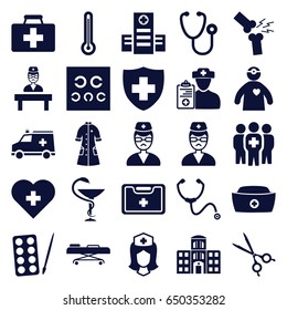 Doctor icons set. set of 25 doctor filled icons such as paints, first aid kit, hospital, stethoscope, medical sign, nurse, medical kit, nurse hat, eye test, ambulance