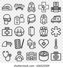 Doctor icons set. set of 25 doctor outline icons such as paints, first aid kit, hospital, stethoscope, drop counter, medical sign, mask, nurse, nurse hat, ambulance