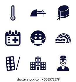 doctor icons set. Set of 9 doctor filled icons such as paints, emoji in mask, nurse hat, MRI, doctor, medical appointment, hospital building