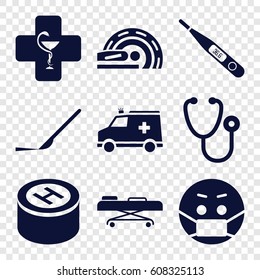 Doctor icons set. set of 9 doctor filled icons such as emoji in mask, stethoscope, scalpel, ambulance, MRI, hospital stretch, pharmacy, thermometer