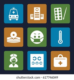 Doctor icons set. set of 9 doctor filled icons such as paints, emoji in mask, hospital, eye test, ambulance, first aid kit, nurse, medical reflector