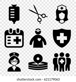 Doctor icons set. set of 9 doctor filled icons such as drop counter, medical sign, nurse