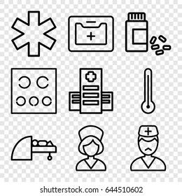 Doctor icons set. set of 9 doctor outline icons such as hospital, medical sign, medicine, medical kit, doctor, eye test, mri, nurse