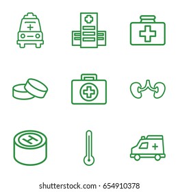Doctor icons set. set of 9 doctor outline icons such as tablet, first aid kit, hospital, kidney, ambulance, thermometer