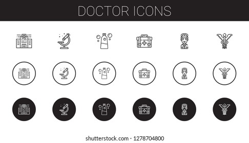 doctor icons set. Collection of doctor with hospital, microscope, mouthwash, first aid kit, pilot, caduceus. Editable and scalable doctor icons.