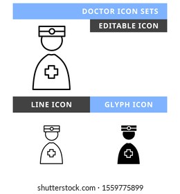 Doctor icons set vector design, modern editable line and  glyph icon, black colour and isolated for icon presentation, website and banner
