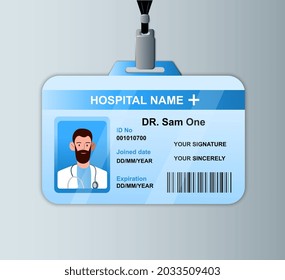 Doctor ID card template. Medical staff identity badge with bar code. Flat illustration cartoon vector concept web banner design isolated on white background