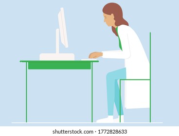 Doctor illustration working with computer with bad posture. Flat design.