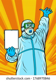 Doctor important information, covid19 coronavirus epidemic. Pop art retro vector illustration 50s 60s style