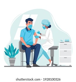 Doctor Injecting Coronavirus Vaccine To A Patient, Conceptual Illustration For Immunity Health. Adult Immunization, Covid Vaccine. Flat Illustration Isolated On White Background