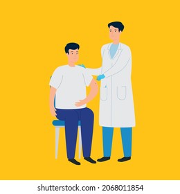 Doctor Injecting Coronavirus Vaccine to a Patient, conceptual illustration for immunity health. Adult immunization, covid vaccine. Flat illustration isolated on yellow background