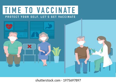 Doctor Injecting Coronavirus Vaccine To A Patient,People Wearing Mask Keep Distance When Sitting In Queue, Waiting For Doctors.Hospital Or Clinic Reception Waiting Room.covid Vaccine.vector Illustion.