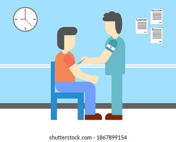 Doctor is injecting covid19 vaccine for patient in hospital. A man is volunteer for testing covid19 vaccine in laboratory for research and develop antivirus.