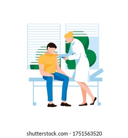 Doctor injecting flu shot vaccine to patient arm. Male character at hospital reception. Concept of virus protection, vaccanation and medichine. Viruses and disease prevention. Flat vector illustration