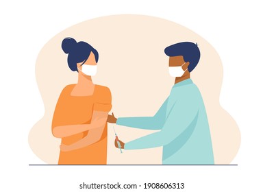 Doctor injecting vaccine to female patient in mask. Physician, practitioner, hospital. Antiviral vaccination, healthcare, disease prevention concept for banner, website design or landing web page