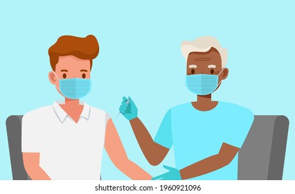 Doctor injecting vaccine to a patient character vector design