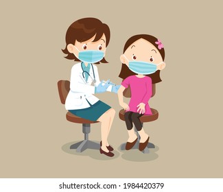 doctor injection vaccine for children girl wearing protective Medical mask.vaccination concept for immunity health, covid -19