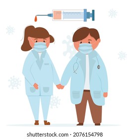 doctor with injection vector flat cartoon illustration doctor man and woman holding hands Covid-19 coronavirus vaccination