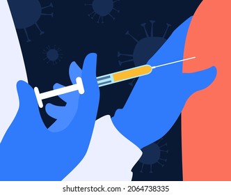 A doctor injects a coronavirus vaccination dose into the patient's shoulder with a syringe. Covid-19 vaccine injecting. People vaccinate. A vector cartoon illustration.