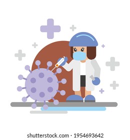 The doctor injects a vaccine into the coronavirus. Vaccination against the virus, cure for the disease. Flat cartoon illustration. isolated on white.