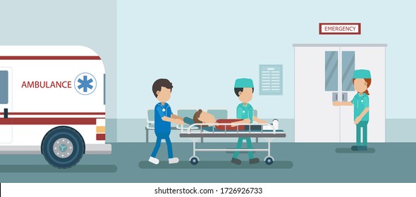 Doctor With Injured Patient In Bed Flat Design Vector Illustration