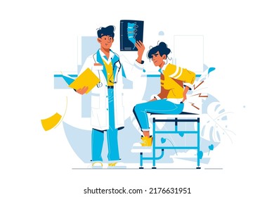 Doctor Inspect X Ray Of Patient Vector Illustration. Patient Suffer From Ache In Back Flat Style. Rheumatology, Healthcare, Medicine Concept