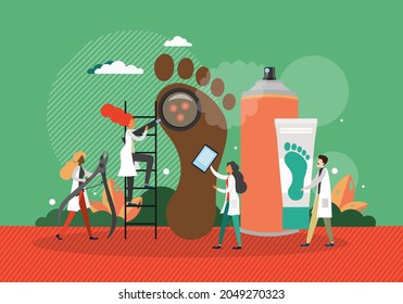 Doctor inspecting human foot corns and calluses, flat vector illustration. Podology, podiatry. Diagnosis and treatment.