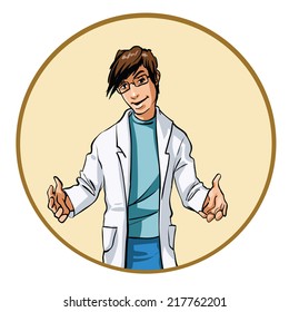 Doctor with an intense expression and hands raised