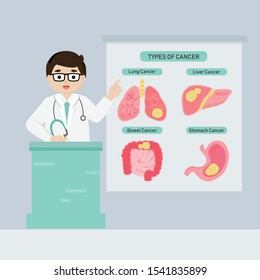 Doctor introduce types of  cancer flat vector illustration.