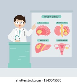 Doctor introduce types of  cancer flat vector illustration.