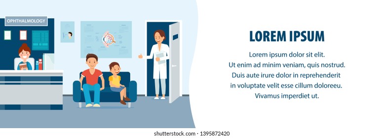 Doctor Invite Man and Boy to Medical Office. Smiling Family at Clinic. Reception at Ophthalmologist. Doctor Ophthalmologist. Family at Doctor. Vector Illustration. Family with Child at Doctor’s Office