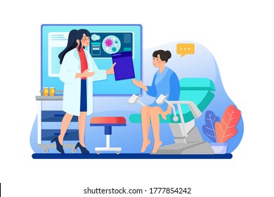 Doctor Invite Patient In Examination Room With Gynecological Chair And Folding Screen.