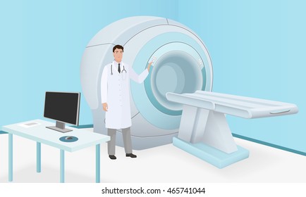 Doctor invites patient to body brain scan of MRI machine. MRI scan and diagnostics process in procedure room. Realistic vector svg