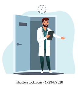 Doctor Invites Patient To Enter Medical Office. Scene In Hospital, Clinic. Therapist Waits Visitors For Medical Appointment, Consultation. Medicine, Healthcare Concept. Vector Character Illustration