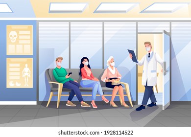 Doctor Invites Patient To Enter Medical Office. Scene In Hospital, Clinic. Therapist Waits Visitors For Medical Appointment, Consultation. Medicine, Healthcare Concept. Vector Character Illustration